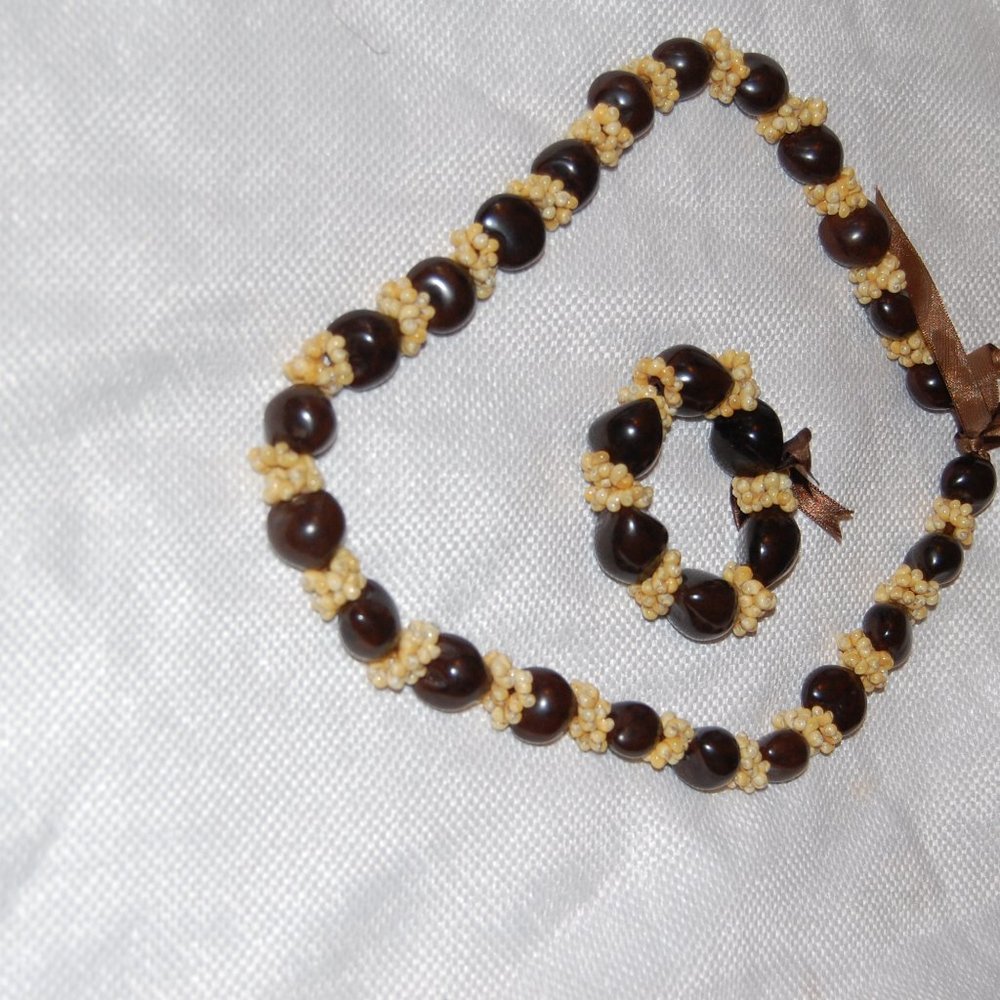 Hawaiian Brown Kukui Nuts With Seed Spacers & Brown Ribbon Necklace and Bracelet